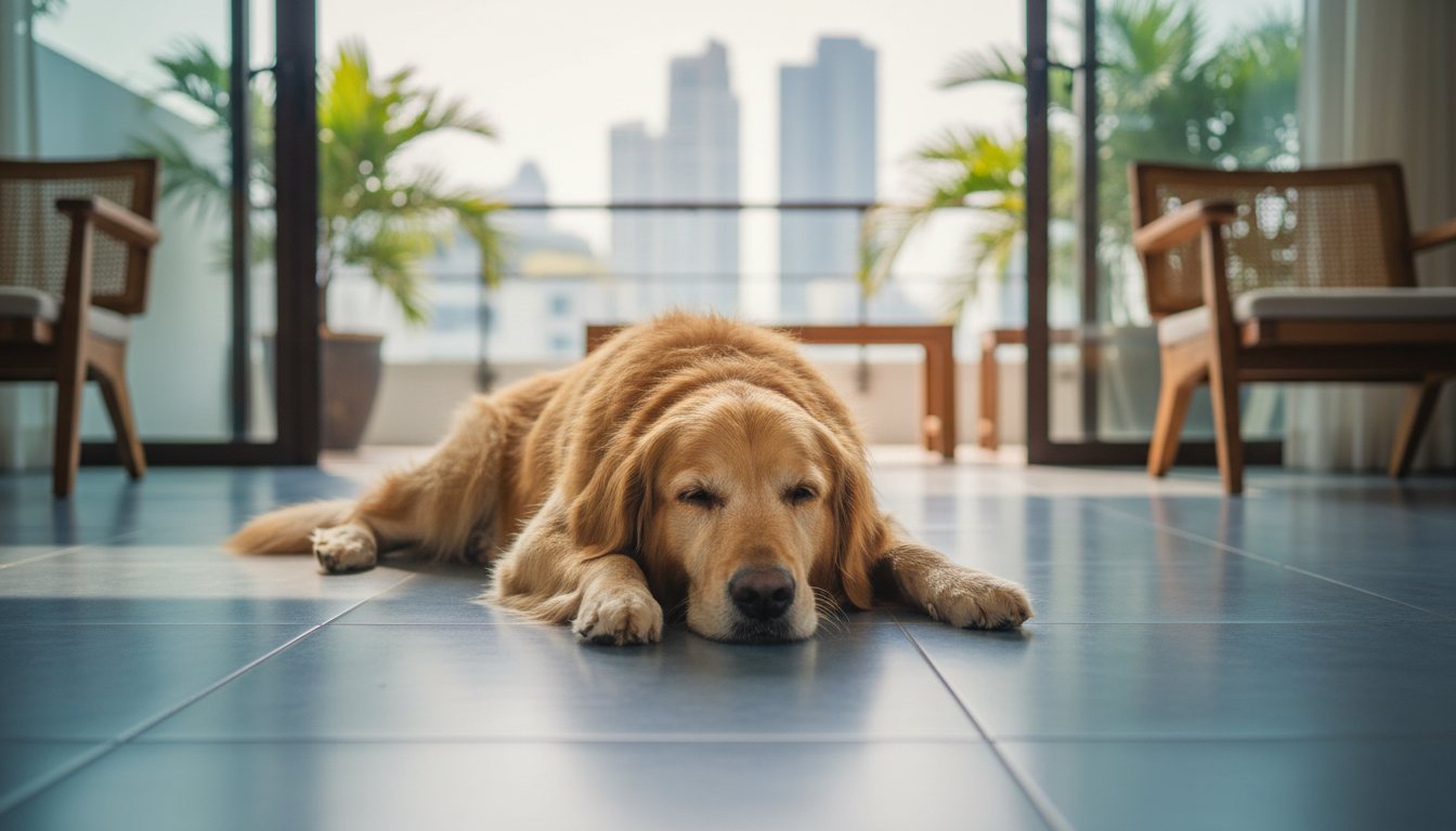 A golden retriever resting on cool tiles in a Bangkok home