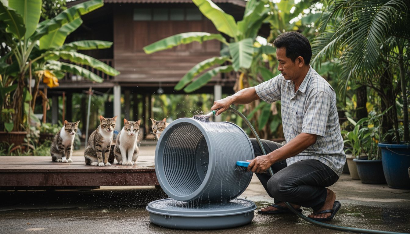 An owner washes the inner drum of a cat litter box