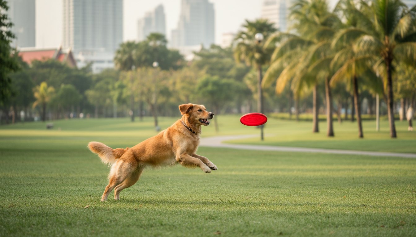 A golden retriever plays fetch in a grassy Bangkok park