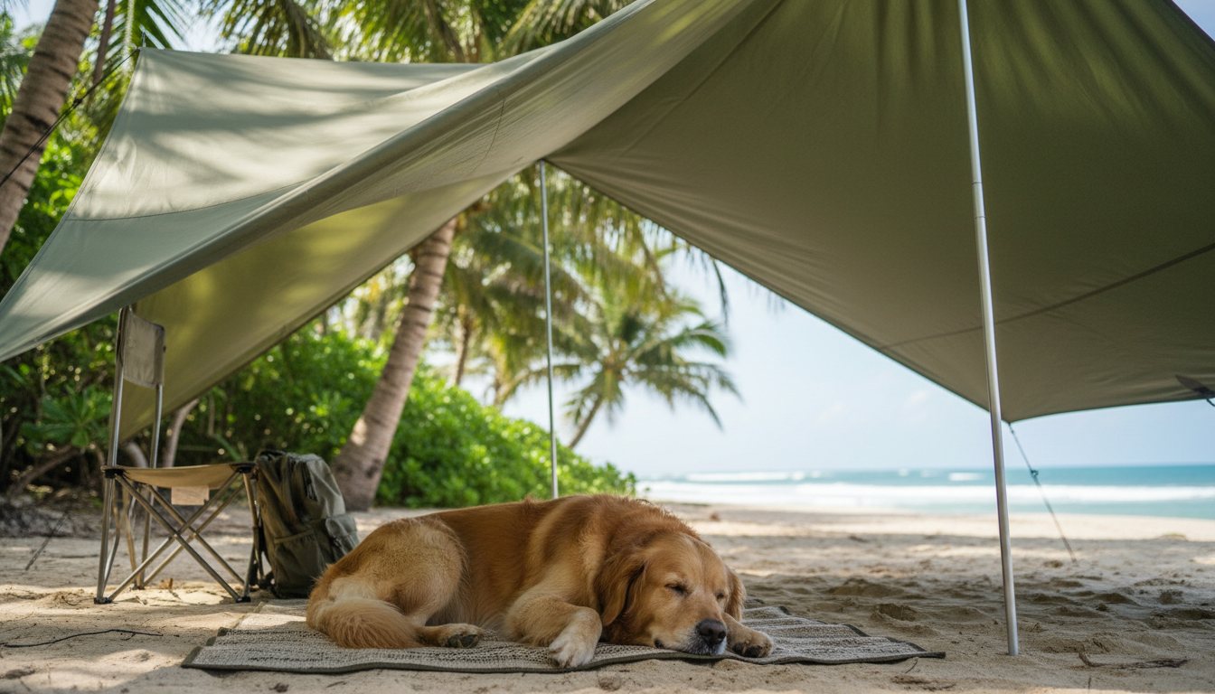 A happy dog resting under a shaded camping canopy