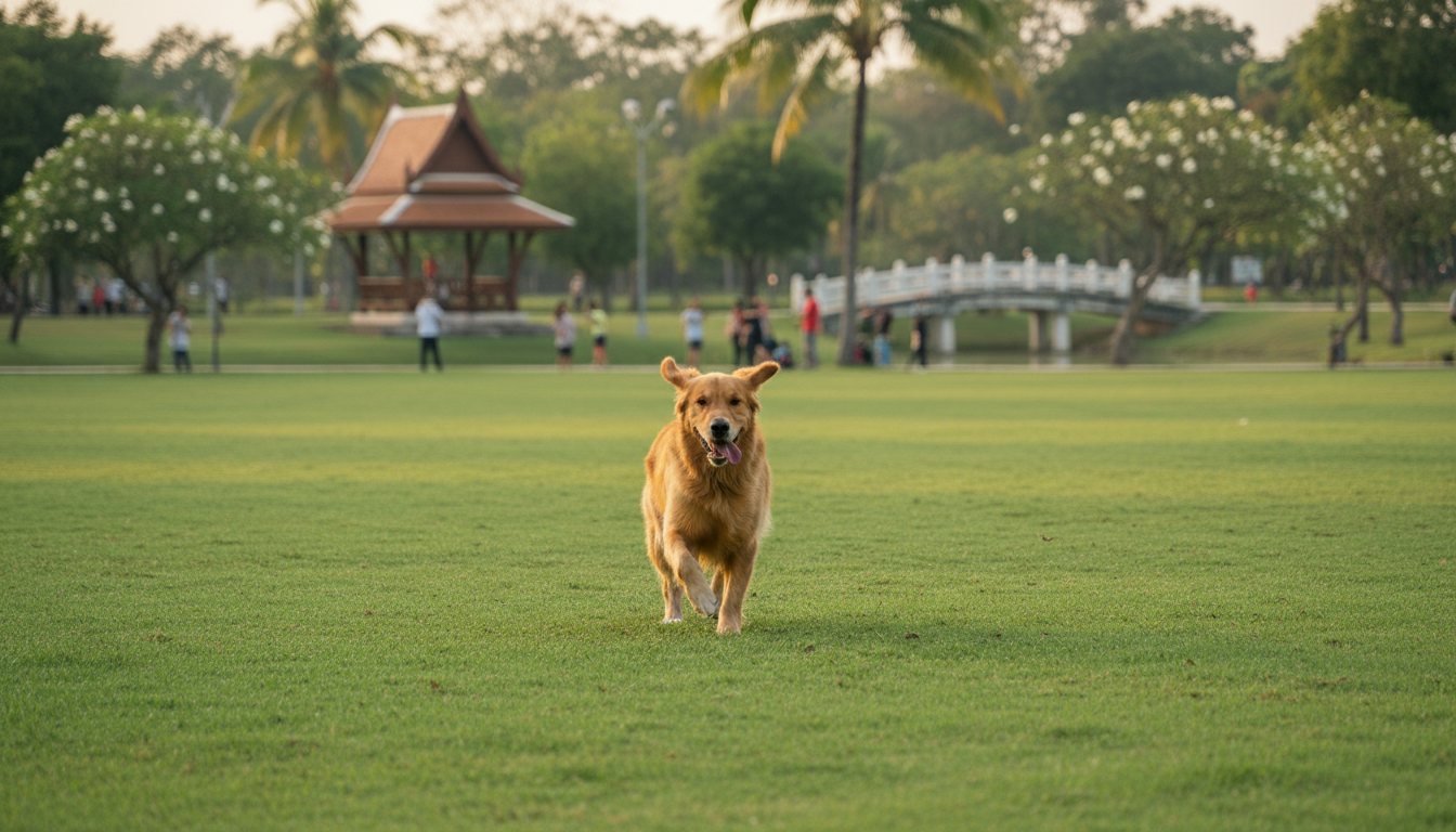 A happy dog running on green grass at a community park