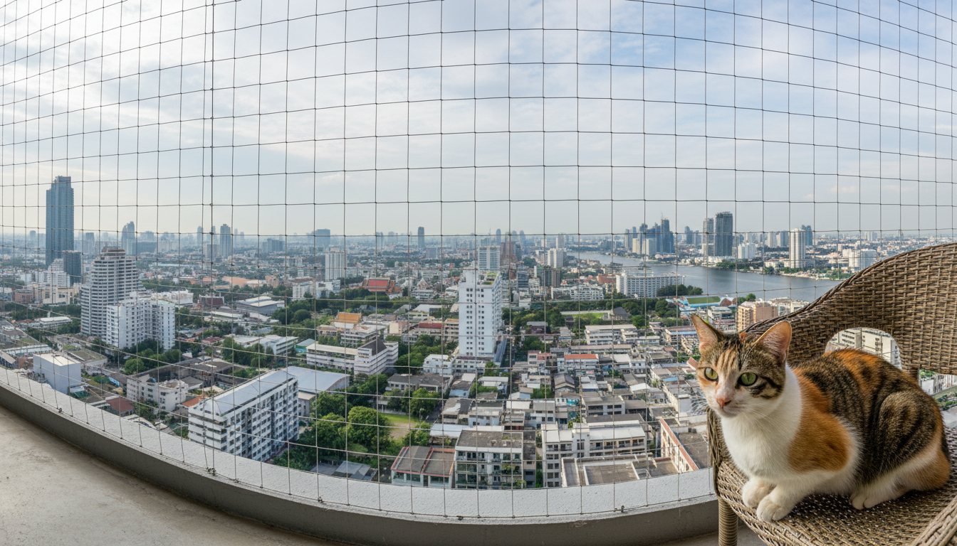 A cat looking out of a high-rise Bangkok condo window