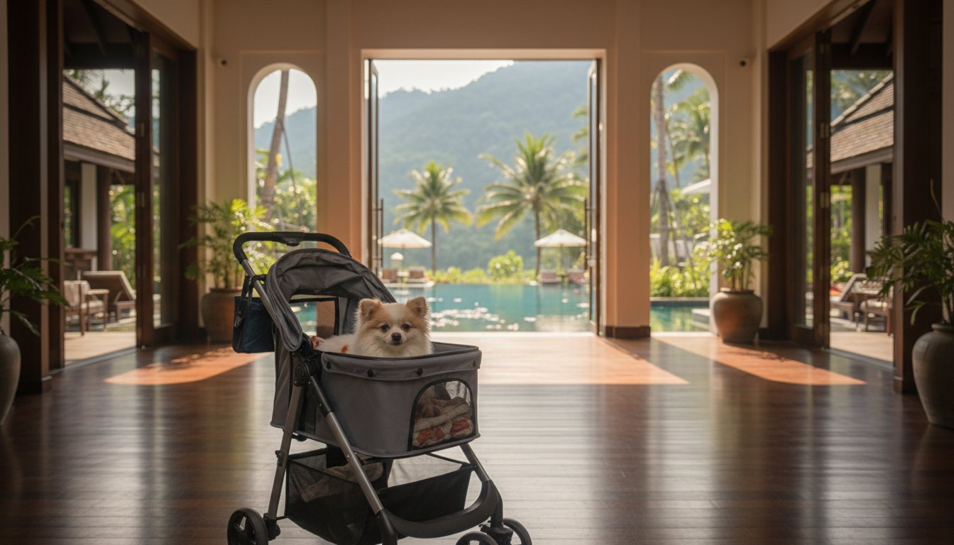 A small dog sitting inside a pet stroller in a lobby