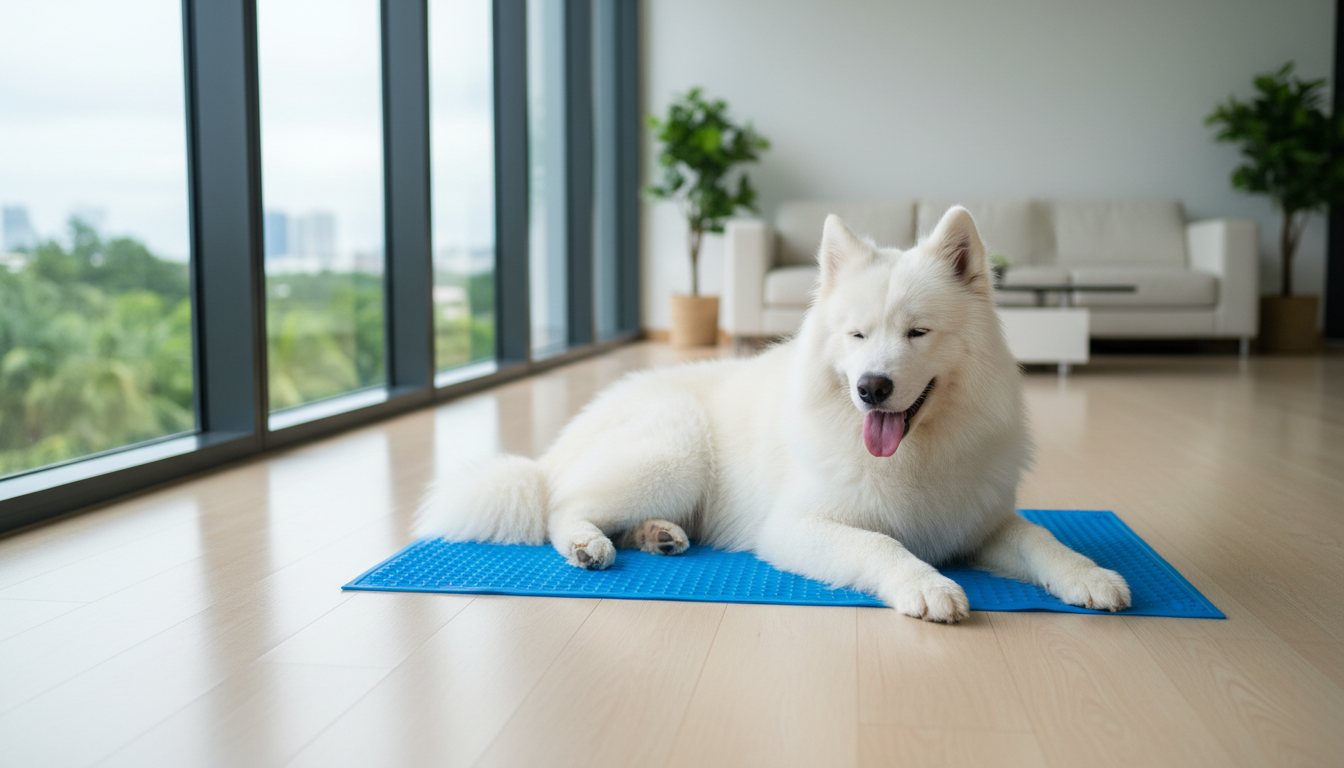 A fluffy dog lying on a blue cooling mat inside a bright condo