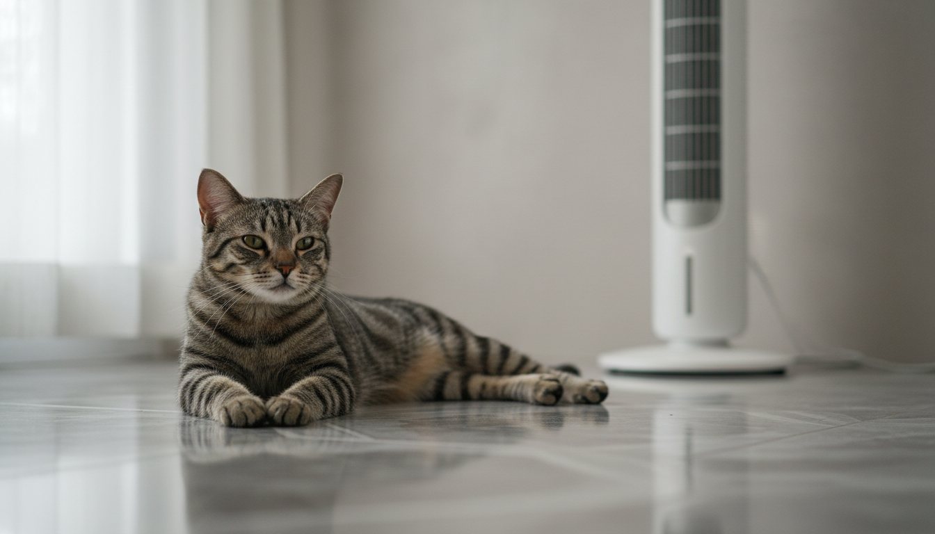 A domestic cat resting in front of a circulating electric fan