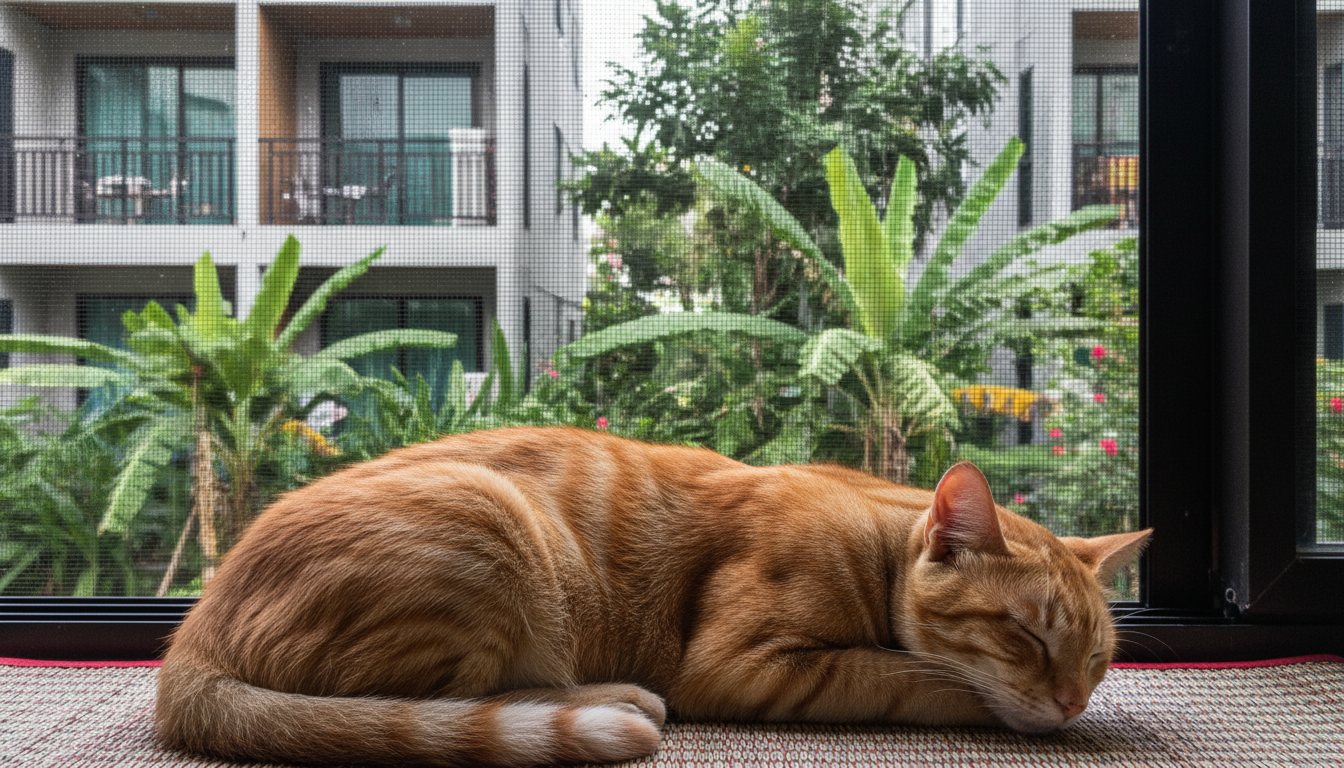 A ginger cat resting comfortably near a secure, screened condo window