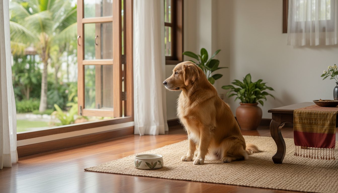 A golden retriever waiting patiently next to its food bowl in a bright Thai home
