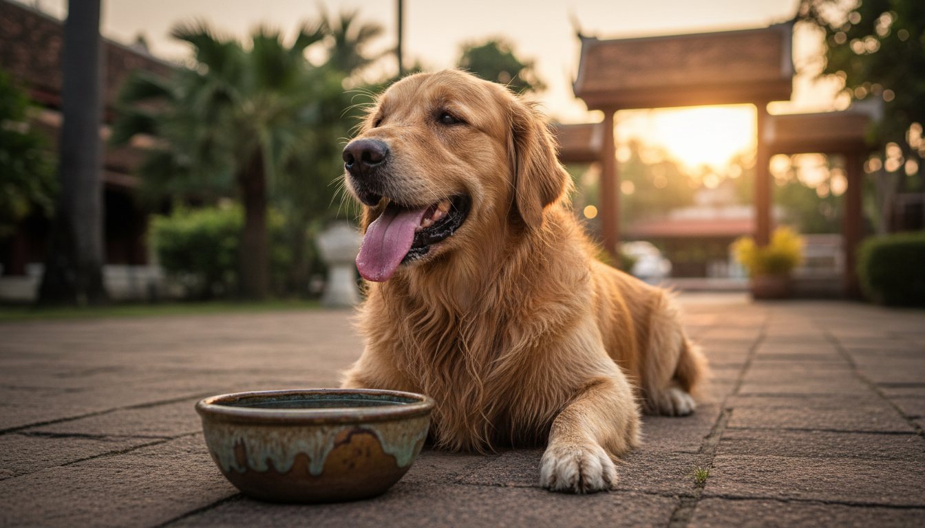A golden retriever panting heavily next to a water bowl.