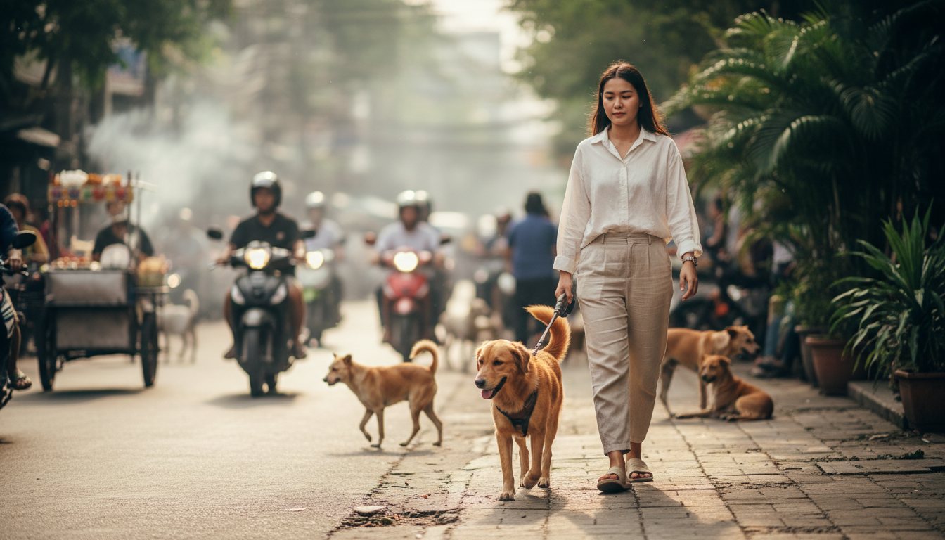 Leash Training for Busy Thai Sidewalks