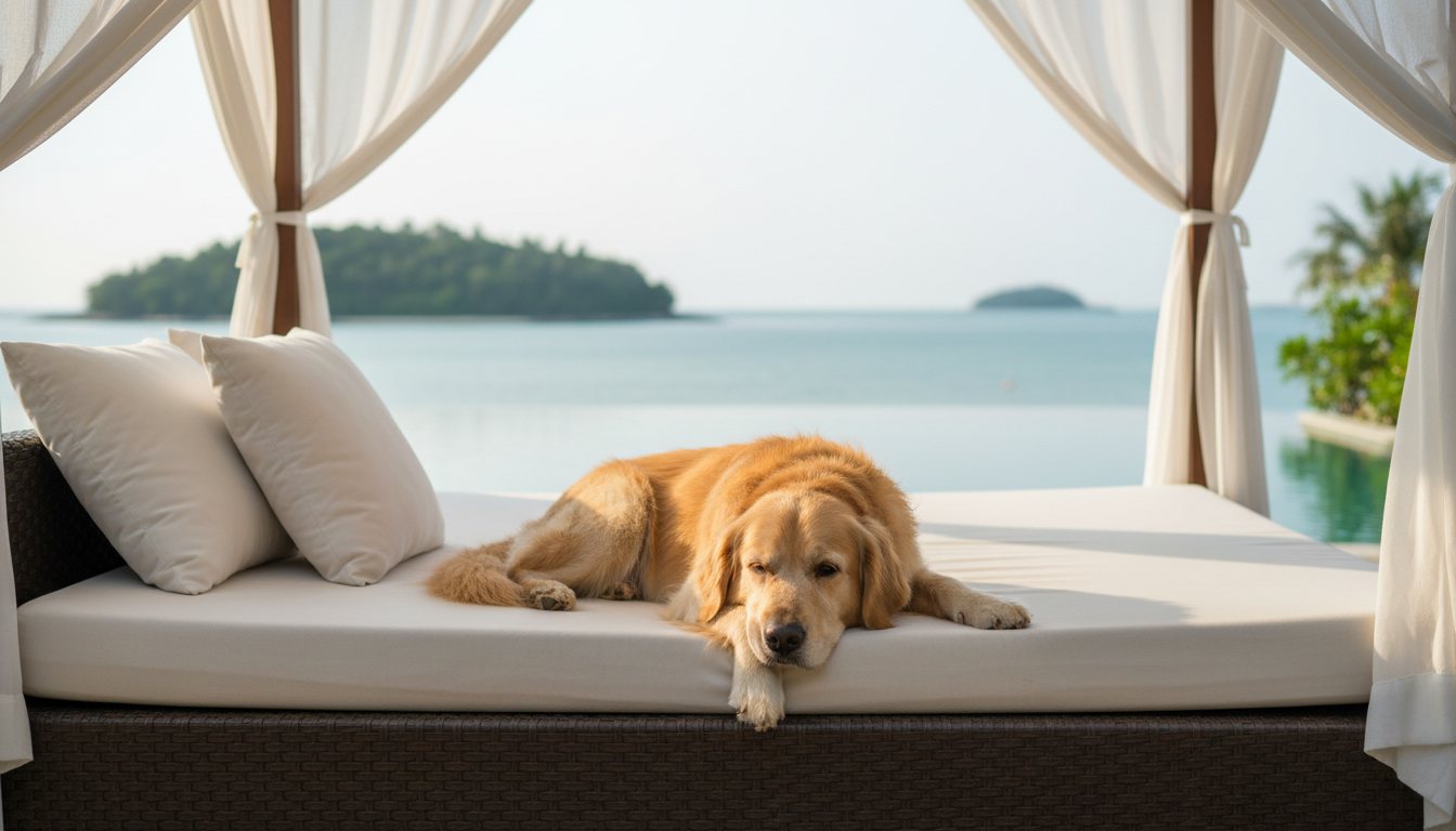 A golden retriever relaxing on a luxury resort daybed in Thailand