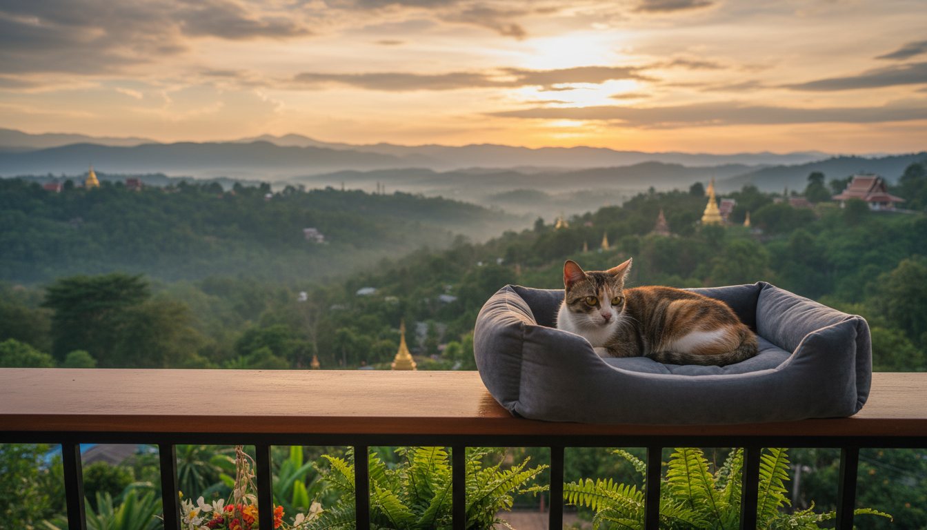 A cat sitting comfortably on a premium pet bed overlooking Chiang Mai hills