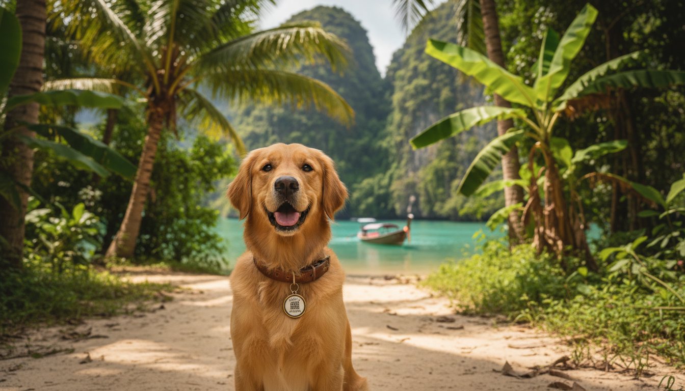 A golden retriever wearing a collar with a small QR tag