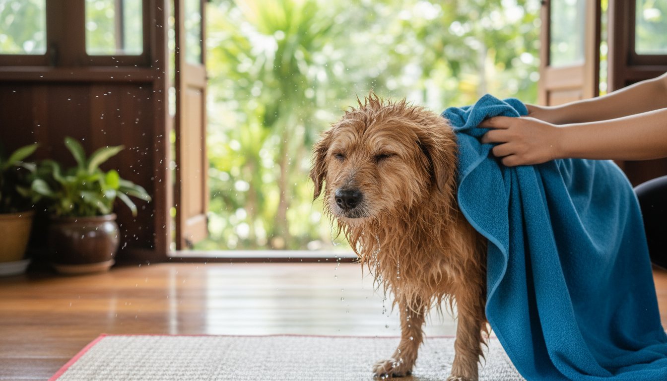 A wet dog being thoroughly dried with a microfiber towel indoors