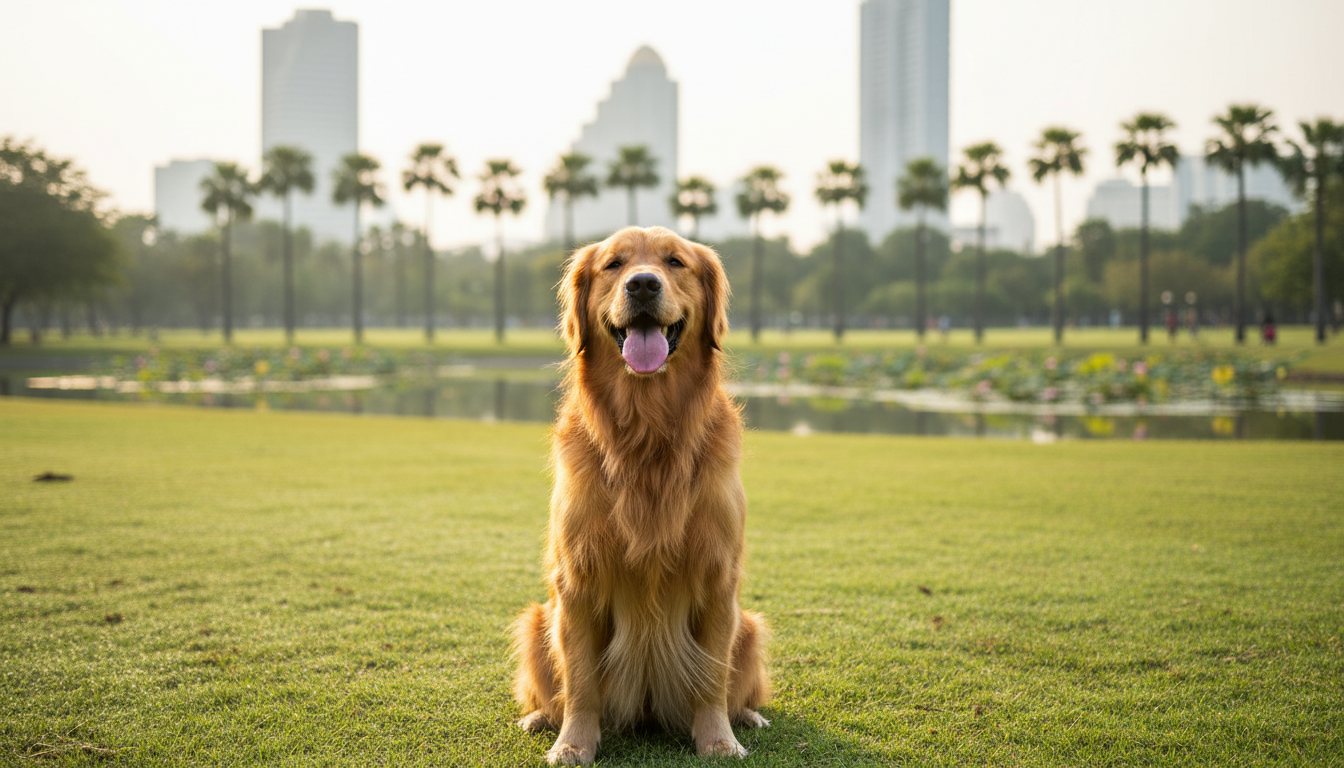 A golden retriever sitting happily on a Bangkok park lawn