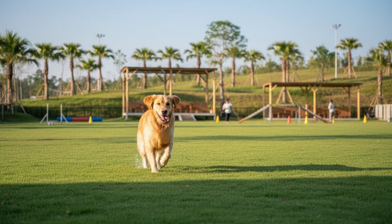 A dog playing in a grassy training yard in Phuket