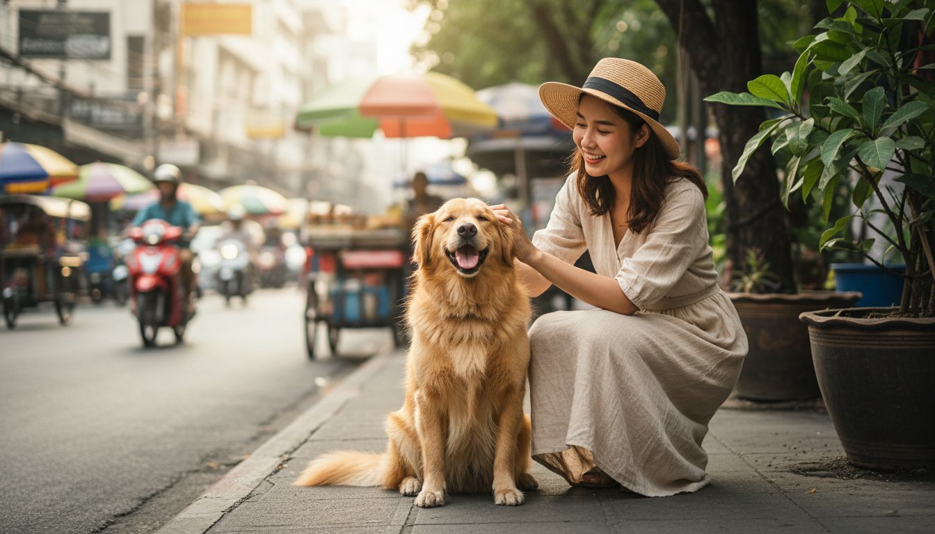 A happy dog sitting on a Bangkok street sidewalk with its owner