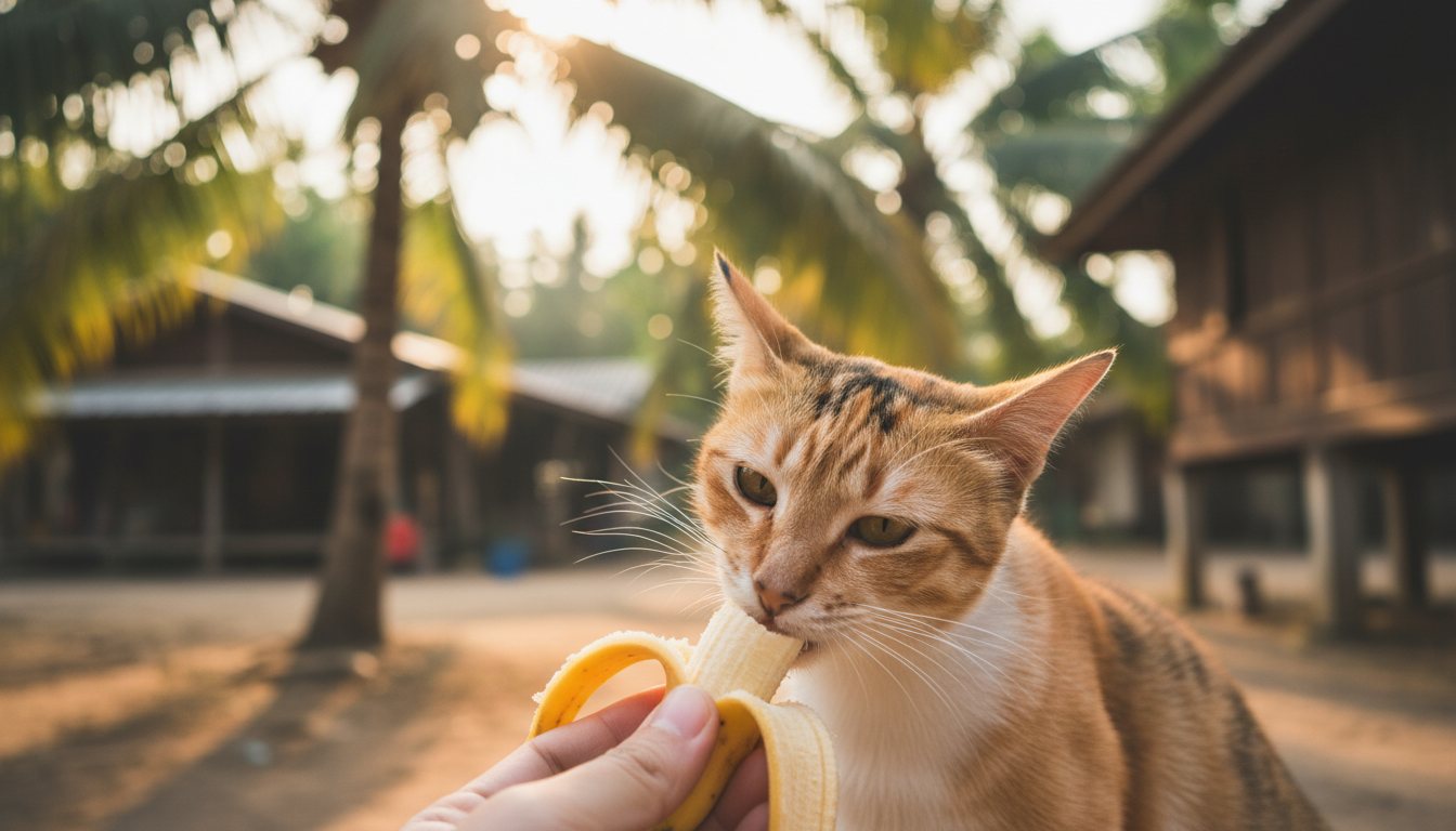 A domestic short-haired cat sniffing a small piece of banana